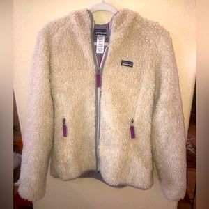 Patagonia Cream Fleece Jacket with Purple Accents